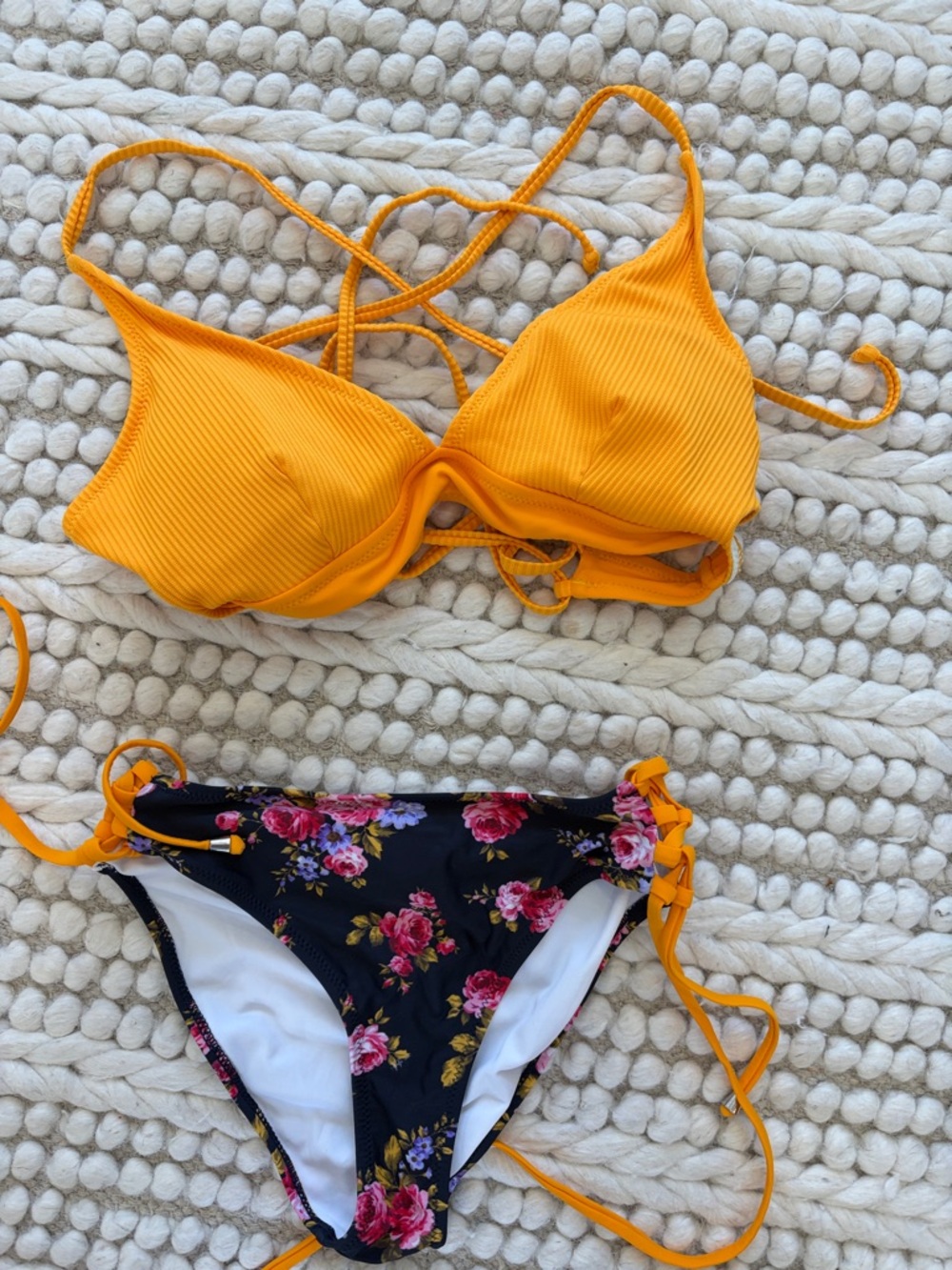 Cupshe Yellow Ribbed Triangle Top with Black Floral Tie-Side Bottom Bikini